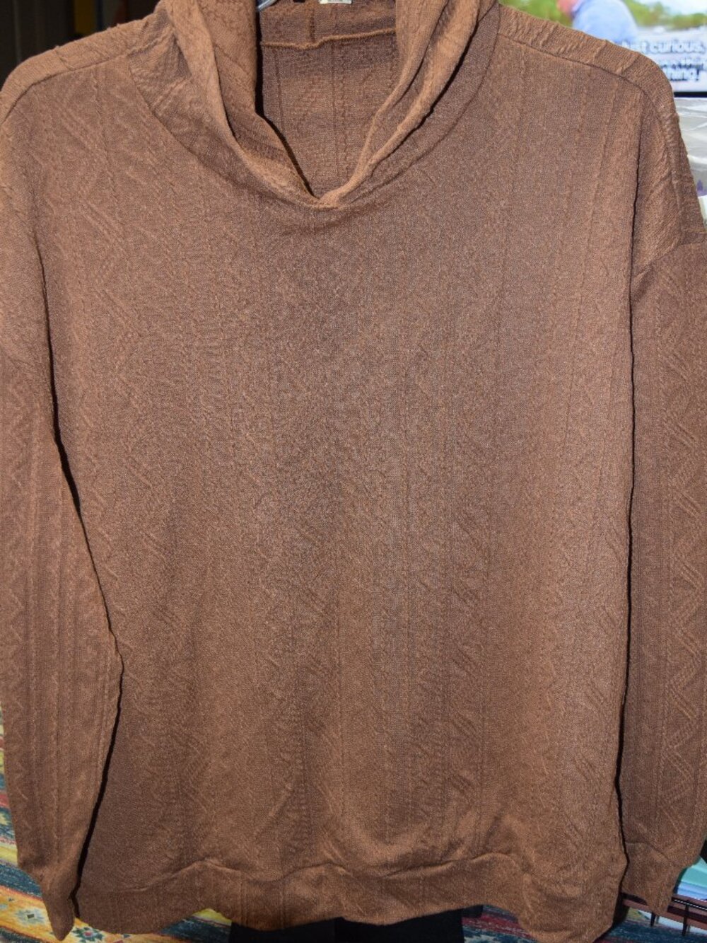 NWOT Brown LS Hoodie, Thin, Decorative Texture Pattern, Size 3XL